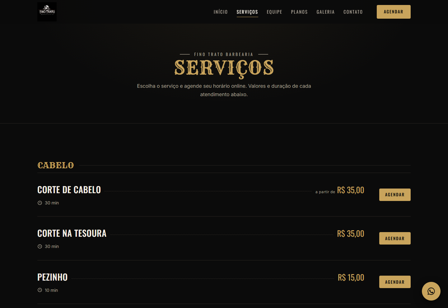 Lista de serviços e preços